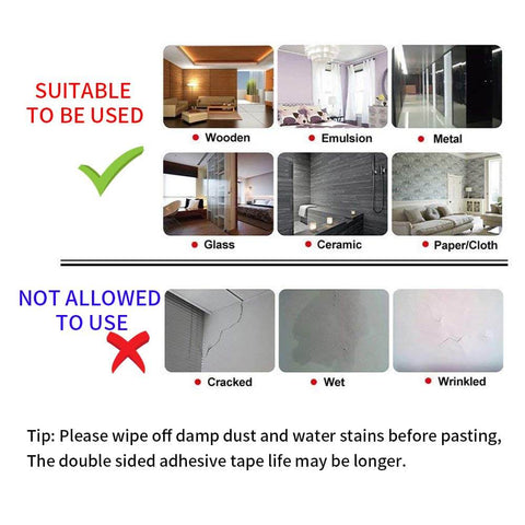 Image showing suitable surfaces for Clear Double Sided Adhesive Tape 5mm and 10mm by 25M, including wood, metal, glass, and ceramics.