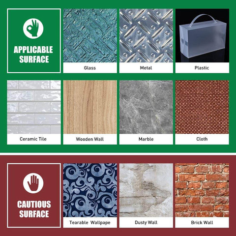 Applicable surfaces for Transparent Double Sided Adhesive Tape on glass, metal, plastic, tile, wood, marble, cloth. Cautious on wallpaper, dusty, brick.