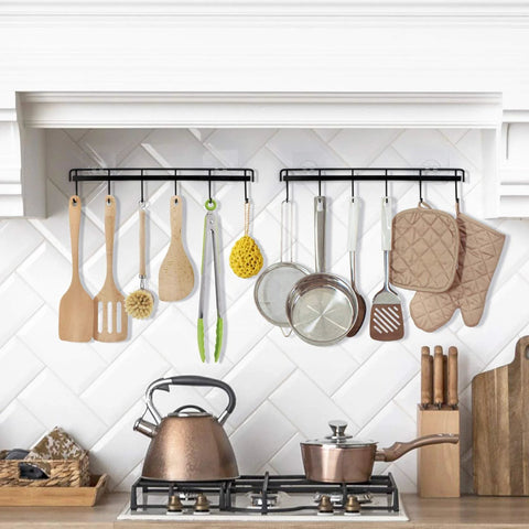 Adhesive Wall Hooks Rack Kitchen Rail, Space Saving Utensil Holder No Drilling Wall Mounted Accessory Hanger with 6 Hooks for kitchen.