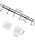 Adhesive Wall Hooks Rack Kitchen Rail with dimensions, 6 hooks, and two adhesive pads; No Drilling Wall Mounted Accessory Hanger in black