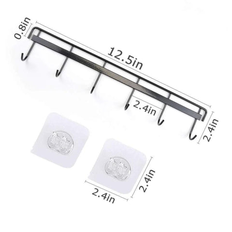 Adhesive Wall Hooks Rack Kitchen Rail with dimensions, 6 hooks, and two adhesive pads; No Drilling Wall Mounted Accessory Hanger in black