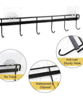 Adhesive Wall Hooks Rack Kitchen Rail, space saving utensil holder no drilling wall mounted with 6 hooks, anti-rust metal, waterproof