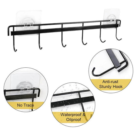 Adhesive Wall Hooks Rack Kitchen Rail, space saving utensil holder no drilling wall mounted with 6 hooks, anti-rust metal, waterproof
