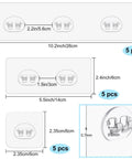 Wall mount dimensions for adhesive hooks with various sizes in inches and centimeters, showing four sets of dimensions with quantities.