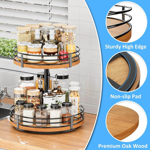 Adjustable 2 tier wooden lazy susan turntable organizer with 12 inch rotating design, spice rack for kitchen, pantry, and home storage.