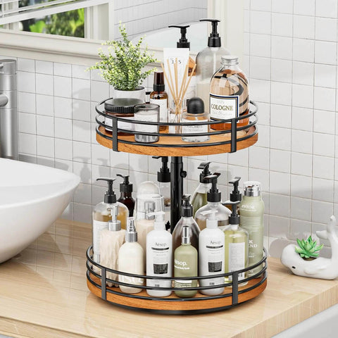 Adjustable 2 tier wooden lazy susan turntable organizer with 12 inch rotating design, spice rack for kitchen, pantry, and home storage.