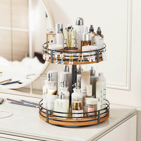 Adjustable 2 tier wooden lazy susan turntable organizer with 12 inch rotating design, spice rack for kitchen, pantry, and home storage.