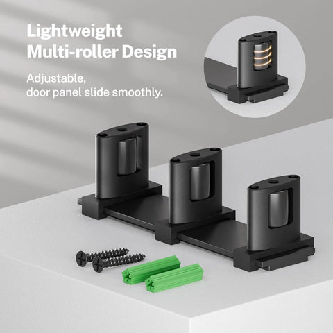 Sliding Closet Door Floor Guide 3-Roller Design with screws and plugs, black aluminum material, double-bypass door floor mount
