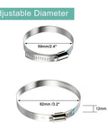 4 Pack 3 Inch Hose Clamps 304 Stainless Steel Worm Gear Adjustable Duct Clamps 2.4 To 3.2 Inch Diameter For Dryer Vent Air Duct Fuel Line Automotive Plumbing Hose Connector Heavy Duty Stainless Steel Construction For Secure Seal And Versatile Hose Fit with dimensional labels.