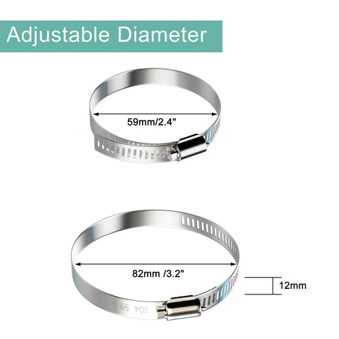 4 Pack 3 Inch Hose Clamps 304 Stainless Steel Worm Gear Adjustable Duct Clamps 2.4 To 3.2 Inch Diameter For Dryer Vent Air Duct Fuel Line Automotive Plumbing Hose Connector Heavy Duty Stainless Steel Construction For Secure Seal And Versatile Hose Fit with dimensional labels.