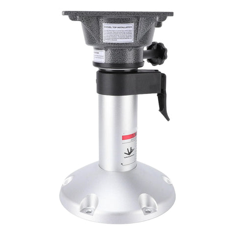 Front view of Eminchu aluminum adjustable-height boat seat pedestal with round silver base and black locking lever