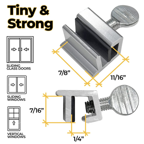 10 Pack Adjustable Aluminum Window Locks For Vertical And Horizontal Windows No Drill Install Secure Sliding Track Lock shown with dimensions