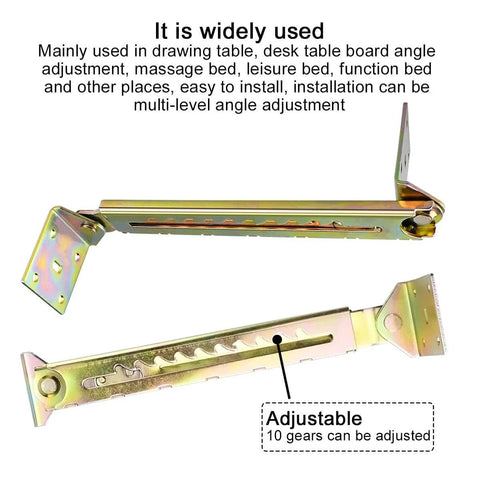 10-Gear Adjustable Angle Hinge 2PCS for Desks and Massage Tables, showing angle positions, galvanized finish, side view