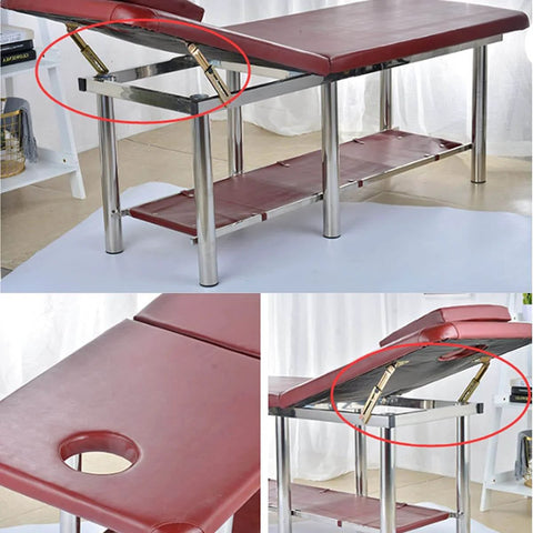 10-Gear Adjustable Angle Hinge 2PCS Heavy Duty Lift Rod Mechanism installed on massage table for angle support.