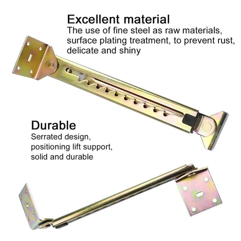 10-Gear Adjustable Angle Hinge 2PCS Heavy Duty Lift Rod Mechanism for Desks, showing serrated steel design and plating