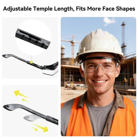 Anti Fog Safety Glasses With Clear Wraparound Lenses, adjustable temples shown, worn by worker at construction site for protection from dust.