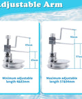 Adjustable arm mechanism with dimensions 83mm/94mm length, 45mm/57mm height, showing minimum and maximum adjustments.