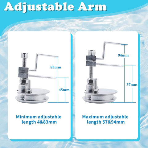 Adjustable arm mechanism with dimensions 83mm/94mm length, 45mm/57mm height, showing minimum and maximum adjustments.