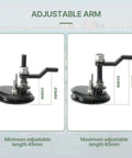 Side view of adjustable arm with measurement details showing minimum length of 45mm and maximum length of 65mm against marine background.