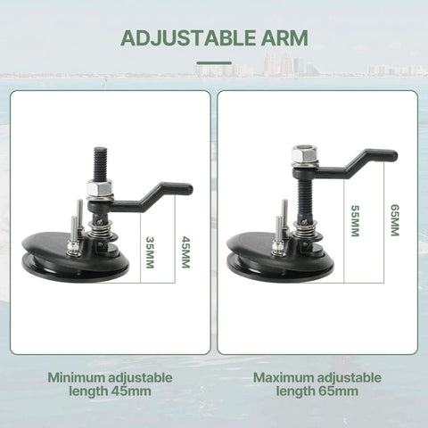 Side view of adjustable arm with measurement details showing minimum length of 45mm and maximum length of 65mm against marine background.