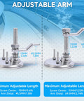 Adjustable marine stainless steel arm showing minimum and maximum length adjustments with measurements in mm and inches.