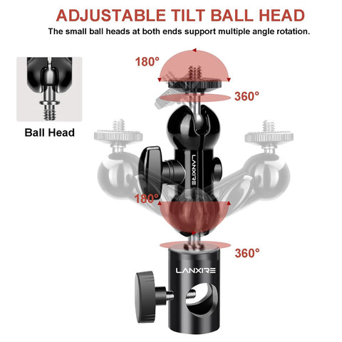 Two Pack Light Stand Mount Adapter With Double Ball Head, showing 360° and 180° rotation, for lights and microphones, 1/4 inch screw.