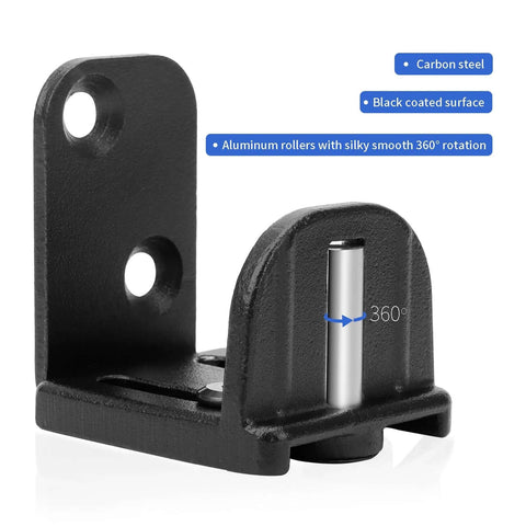 Two Pack Adjustable Barn Door Floor Guide With Bearing Design Black 360 Degree Rotating Wheels Reduce Friction And Noise Scratch Free Glide Wall Mount Compatible For All Applications Heavy Duty Steel Frame Sliding Door Hardware, close-up view of black steel frame and 360° aluminum wheel.