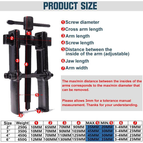 Diagram of 4 Bearing Puller 2'' 3'' 4'' 6'' with 2 Jaws Bearing Puller Tool Adjustable, showing screw and arm dimensions, Chrome Vanadium Steel