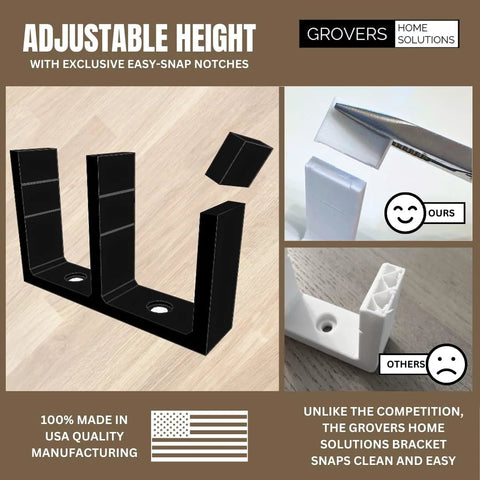 Adjustable Height Universal Sliding Closet Door Floor Guide Bracket Black For 1 3/8 Inch Door Thickness With Exclusive Easy Snap Notches And Countersunk Screw Holes For Slim Base Profile Durable Plastic Construction.