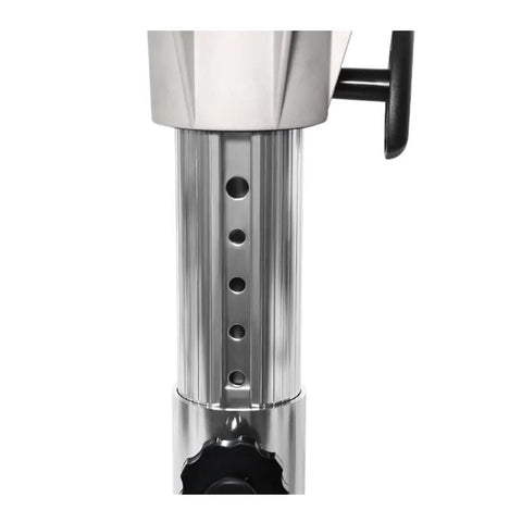 KMLai adjustable boat seat pedestal, stainless steel, close-up view showing height adjustment holes and locking knob