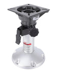 Aluminum adjustable-height boat seat pedestal (13–18 in) with locking knob and 360° rotation; round base.