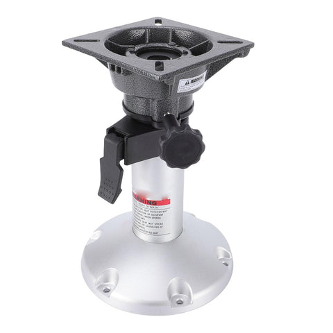Aluminum adjustable-height boat seat pedestal (13–18 in) with locking knob and 360° rotation; round base.