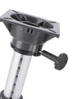 Close-up of boat seat pedestal mount head with locking knob, black mounting plate, and silver adjustable tube