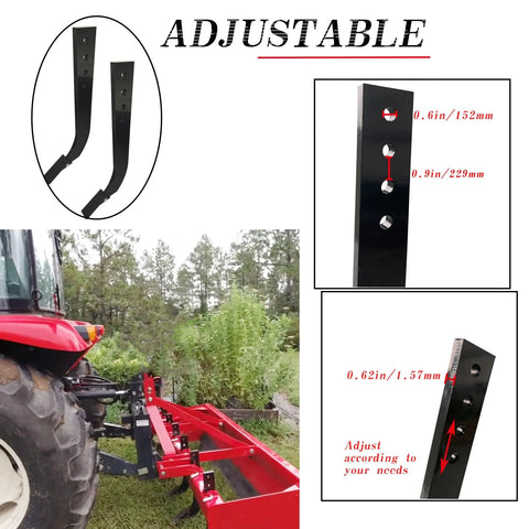 Adjustable five piece box blade shank kit for tractor with four hole box scraper shanks and an 18 inch scarifier ripper shank.