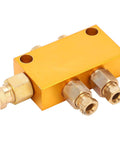 1 In 2 Out Adjustable Brass Oil Distributor For CNC Machining Centers And Production Lines, front view of brass unit with fittings.