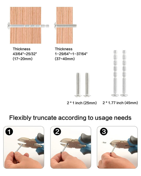 Diagram showing screw sizes and adjustable length for 4 Pack Half Moon Finger Pulls With 3 Inch Center Hole, Brushed Brass Gold.