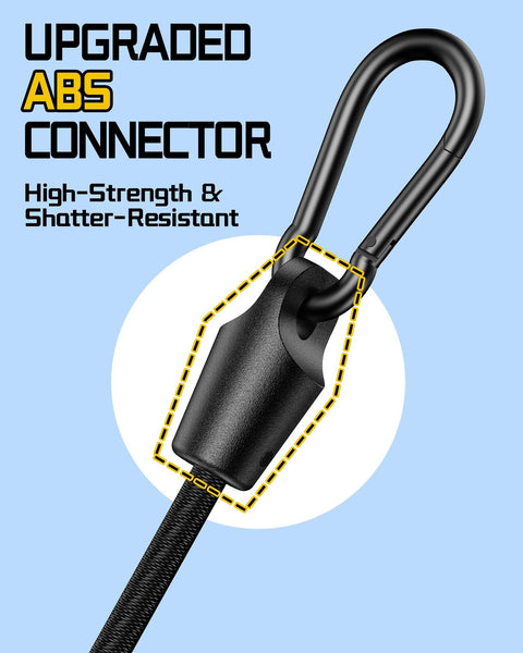 Close-up of upgraded ABS connector on Set of 8 Adjustable Carabiner Bungee Cords 7 to 48 Inches, 5/16 Inch Diameter, UV Resistant.