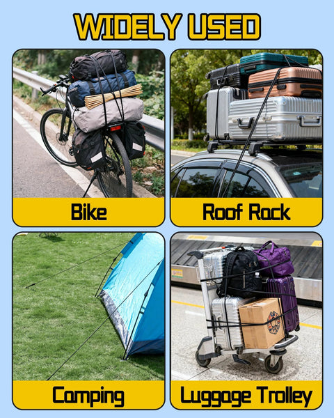 Set of 8 Adjustable Carabiner Bungee Cords 7 to 48 Inches, 5/16 Inch Diameter used for securing bike, roof rack, camping tent, luggage trolley