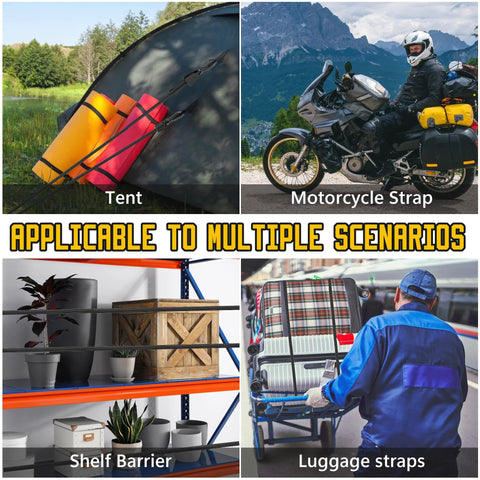 6 Pack Adjustable Bungee Cords With Hooks used in tent setup, motorcycle strap, shelf barrier, and luggage straps scenarios