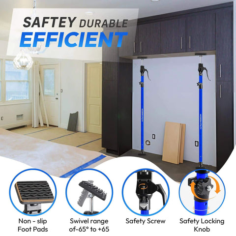 Adjustable Cabinet Jacks for Installing Cabinets in use, supporting a cabinet with non-slip pads and safety features, shown in a room.