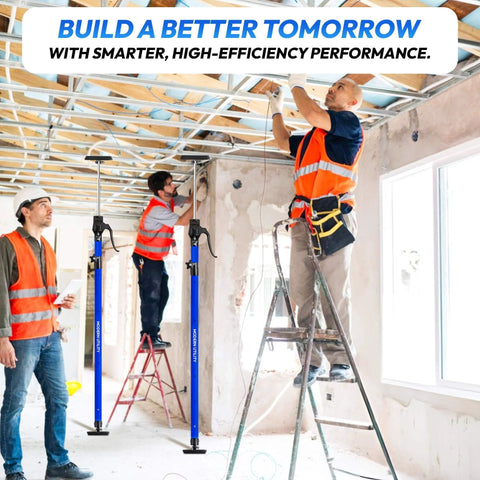 Workers installing ceiling with Adjustable Cabinet Jacks for Installing Cabinets (45.3-114.2 Inches 2 Pack) Heavy Duty 200 lb Metal.
