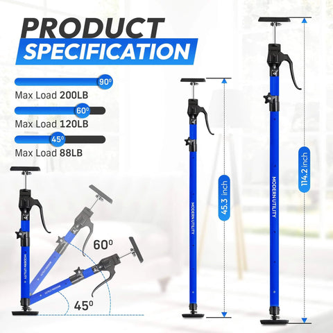 Product specification of adjustable cabinet jacks for installing cabinets (45.3-114.2 inches 2 pack) heavy duty 200 lb metal.