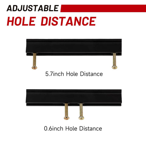 Five Piece Adjustable Drawer Pulls Zinc Alloy Cabinet Handles showing adjustable hole distance from 0.6 to 5.7 inches
