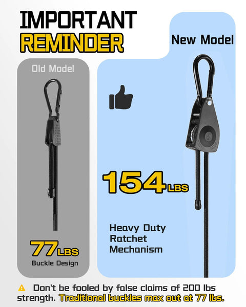 Comparison of old and new bungee cord models showing heavy-duty ratchet mechanism, highlighting increased strength of 154 lbs versus 77 lbs.