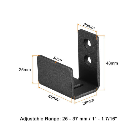 Floor Guide For Sliding Barn Doors Two Pack In Carbon Steel With Flexible Adjustable U Bracket And Flush Bottom Mount Flat Swing Stopper Black Finish Easy Install For Durable Track Alignment And Quiet Operation, showing adjustable U bracket dimensions.