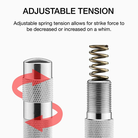 Close-up of 6 Inch Automatic Center Punch with One Handed Spring Impact Chrome Shank and S2 Steel Tip showing adjustable tension spring.