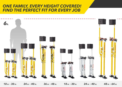 Various sizes of stilts displayed with height ranges from 18" to 64", showing versatility for different construction needs.