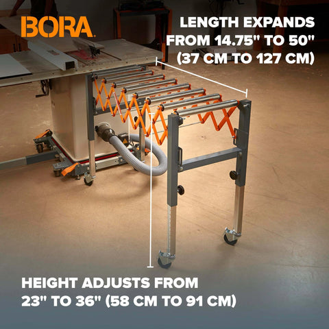 Adjustable Conveyor Roller Stand Infeed / Outfeed Support Expandable Gravity Conveyor 300 lbs. Weight Capacity Locking Swivel Castor Wheels PM-2700 in use