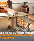 Adjustable Conveyor Roller Stand with locking swivel castor wheels used as outfeed support for workspace expansion.