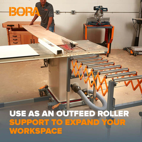 Adjustable Conveyor Roller Stand with locking swivel castor wheels used as outfeed support for workspace expansion.